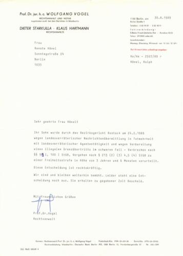 Letter from Wolfgang Vogel