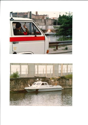 RMP VW Bus with EG patrol boat shining their searchlight on them 