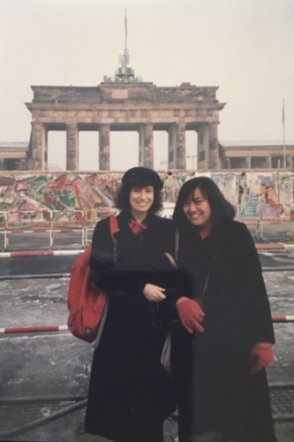 Susie and her American friend, Gina Borromeo, in front of Brandenburg Gate 11.30.89. Notein all these photos, I am wearing my “uniform” in which I travelled throughout the GDR even illegally
